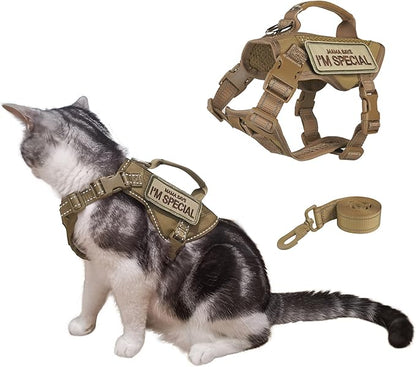 Tactical Cat Harness Adjustable Soft Padded Training Walking Esacpe Cat Vest Harness No-Pull Pet Harness Reflective with Easy Control Handle (Khaki, Leash-XL)