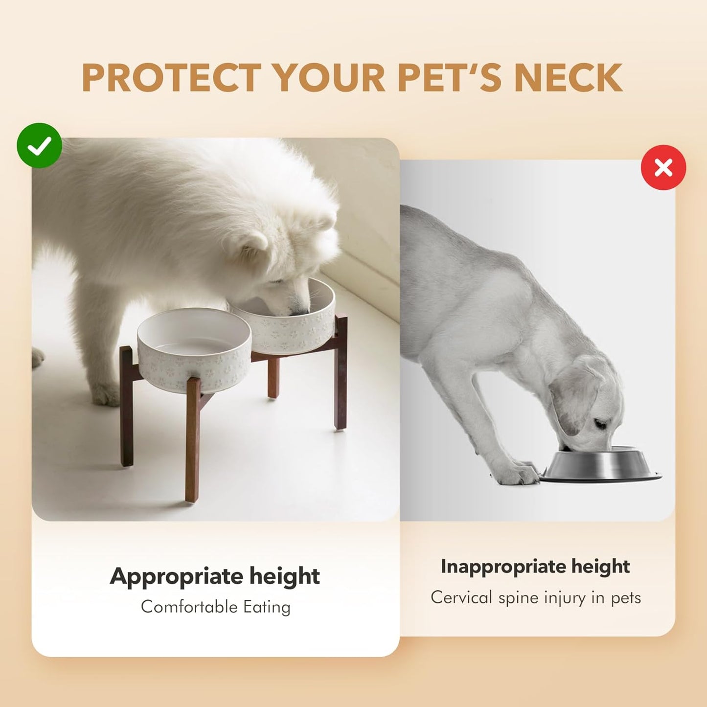 Ceramic 8.2inch Raised Double-Bowl Set with Acacia Wooden Stand, Food & Water Bowls for Large Breed Dogs, Weighted Dog Dishes, Pet Bowl (60 oz)