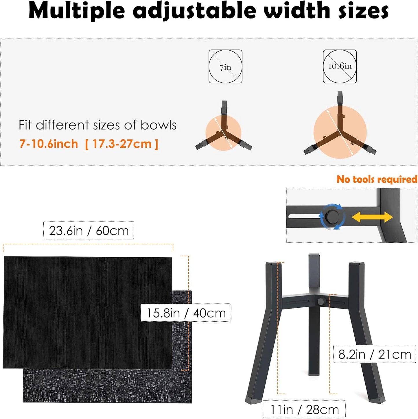 Dog Bowl Stand for Medium Large Dogs with Mat, Adjustable Width 7-10.6" Wide for Elevated Dog Bowls, Raised Food Water Bowls, 11 inch Tall Single Holder, Bowl Not Included