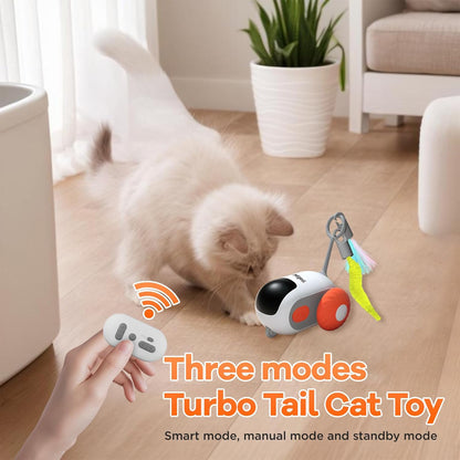 Turbo Tail 3.0 Interactive Cat Toy - Smart Remote Control Electric Mouse with Feathers, 3 Play Modes (Smart/Manual/Standby), Auto Obstacle Avoidance, Type-C, 8H Playtime - Orange (1PC)