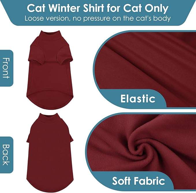 SUNFURA Turtleneck Sweater for Cat, Sphynx Hairless Cats Shirt Sweaters with Sleeves, Warm and Soft Kitten Pullover Fleece Winter Pajamas Jumpsuit for Puppy, Burgundy XL