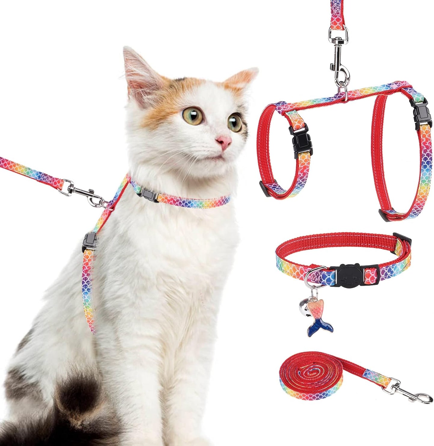 PAWCHIE Cat Harness with Leash and Collar Set - Escape Proof Adjustable Glow in The Dark Cat Harness for Kitty Outdoor Walking Multicolor
