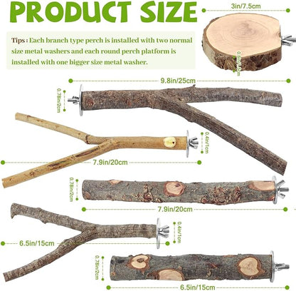 Natural Wood Bird Perches for Cage, Parrot Perch Stand & Platform, Bird Cage Accessories for Parakeets, Cockatiels, Conures, Lovebirds (Brown, Deluxe Playground Set - 12PCS)