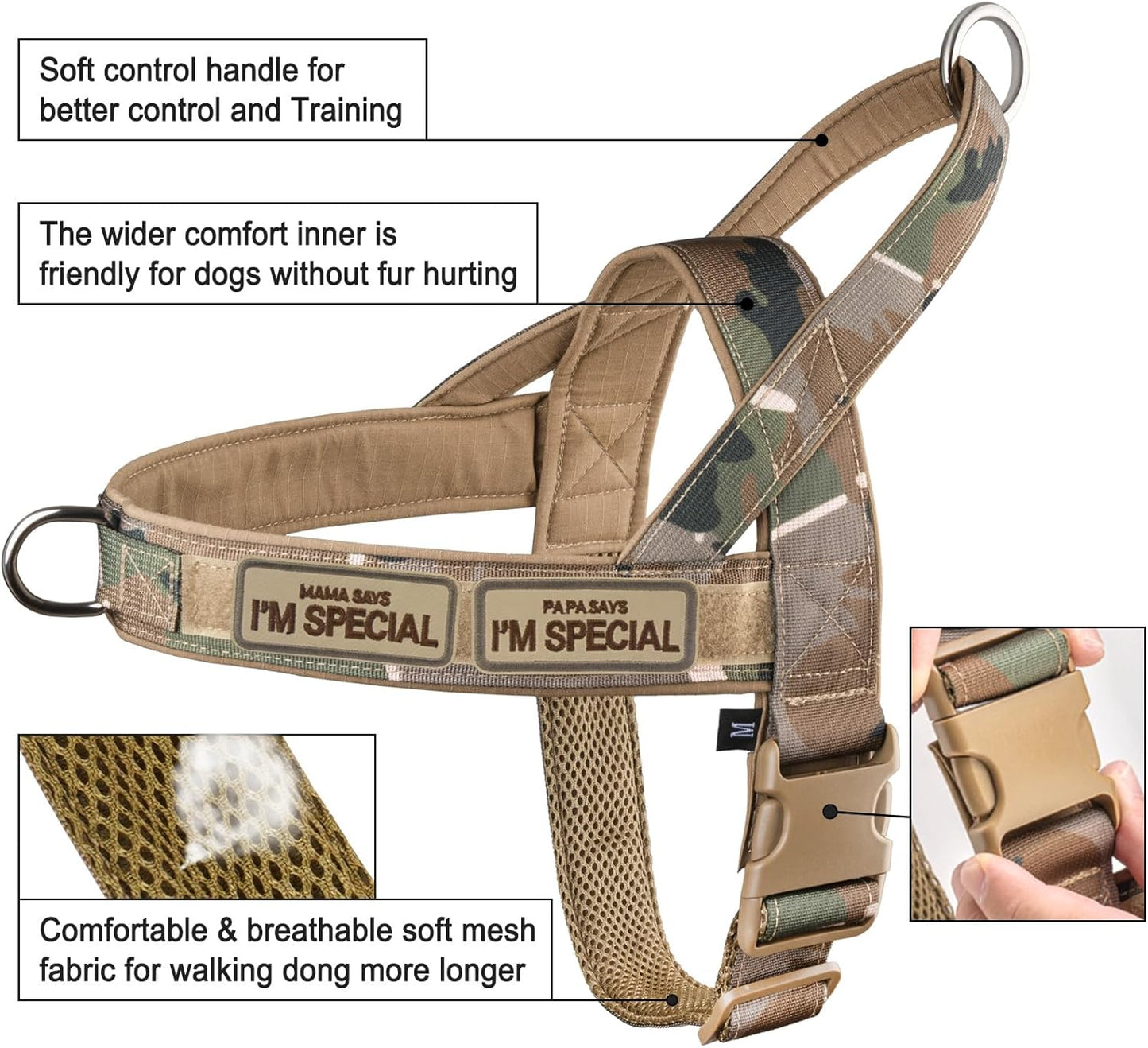 No Pull Dog Harness for Small Medium Large Sized Dogs, Escape Proof Adjustable Dog Harnesses with 2 Patch, Green Camo, XL