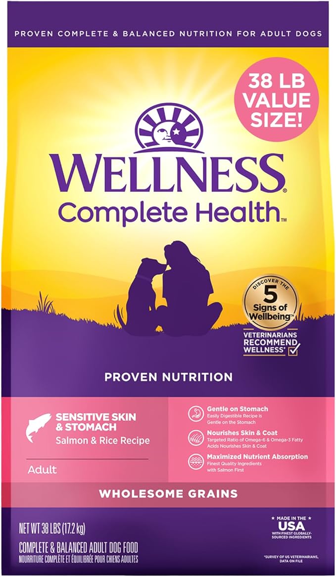 Wellness Complete Health Sensitive Skin & Stomach Dry Dog Food, Wholesome Grains, Salmon & Rice Recipe, (38-Pound Bag)