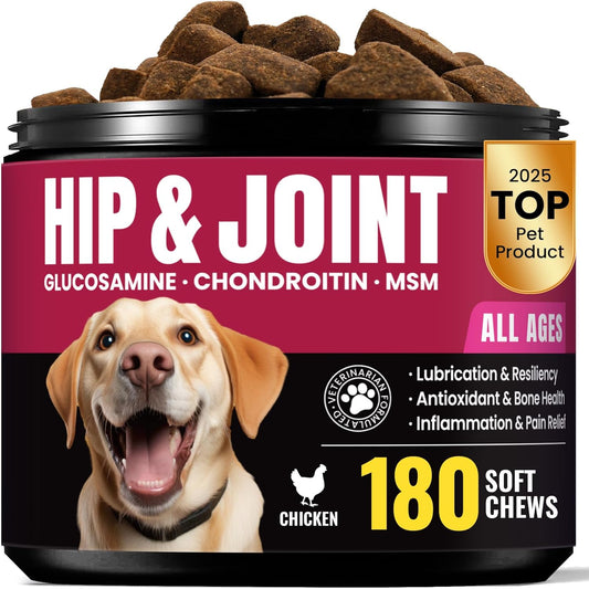 Glucosamine for Dogs Hip & Joint Support, Joint Supplement for Dogs with Chondroitin, Dog Joint Chews for Pain and Inflammation Relief for Large & Small Breeds - 60-Day Satisfaction Guarantee - 180 Ct