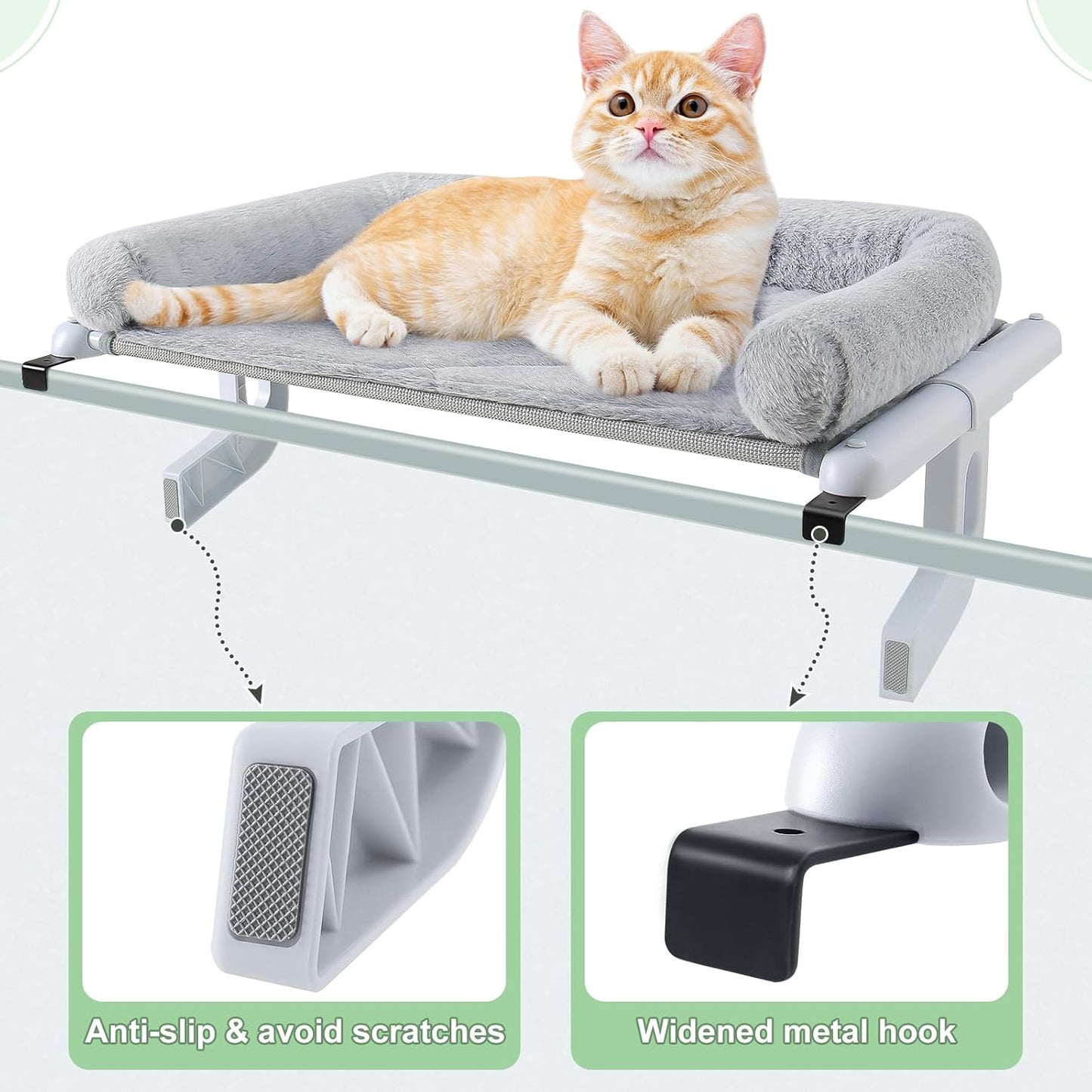 Sunhoo Cat Window Perch Hammock Sturdy Windowsill Bed Seat for Large Cats No Drilling No Suction Adjustable Kitty Shelf with Washable Cover Easy Assembly Holds up to 40 lbs 24.8 * 15 in (Grey, L)