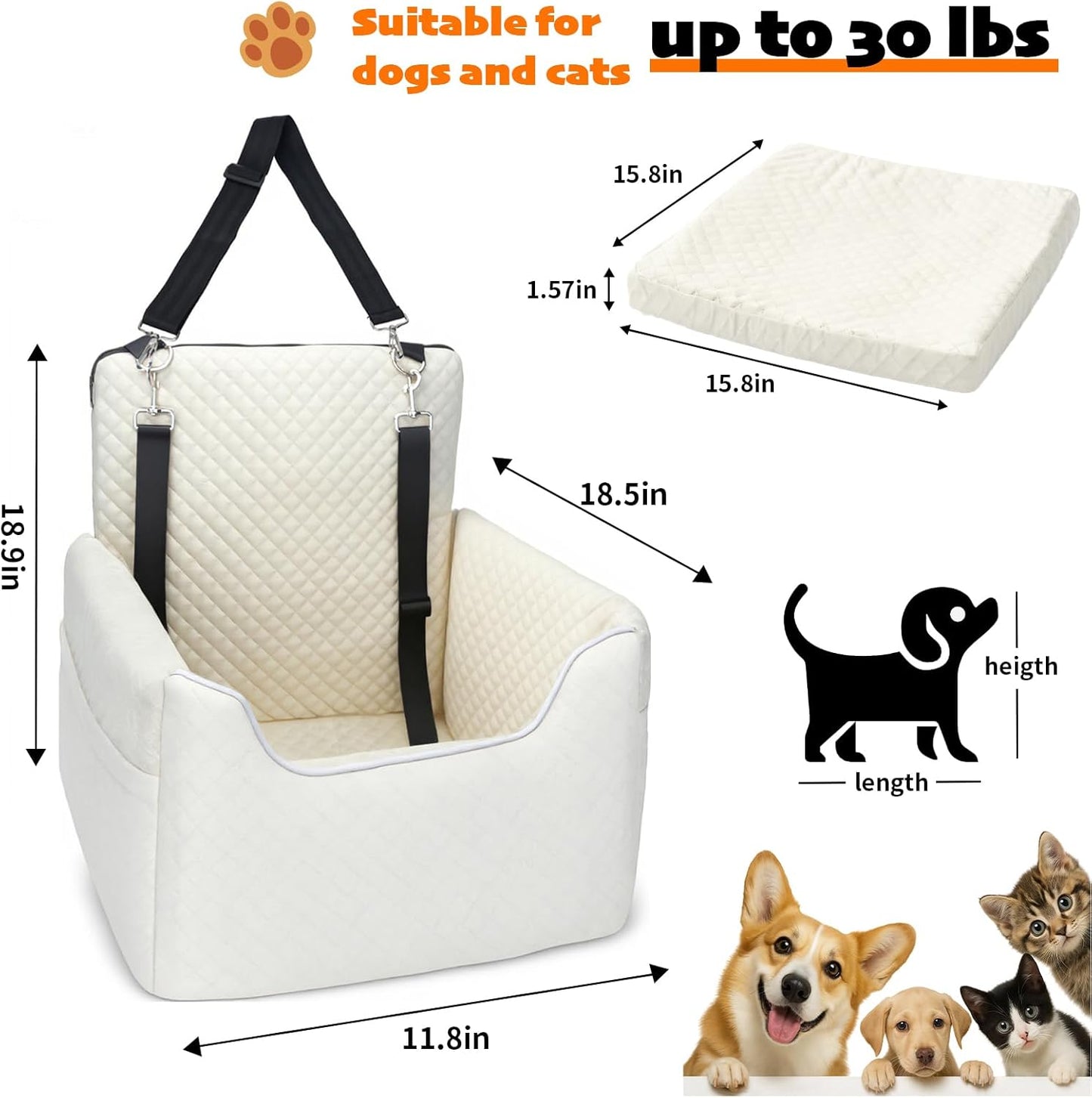 ALL GOOD PET SUPPLIES Dog Car Seat for Small/Medium Dogs, Dog Booster car seat, Memory Foam Elevated Cushion, Fully Detachable and Washable,2 Clip-On Safety Leashes, Anti-Slip