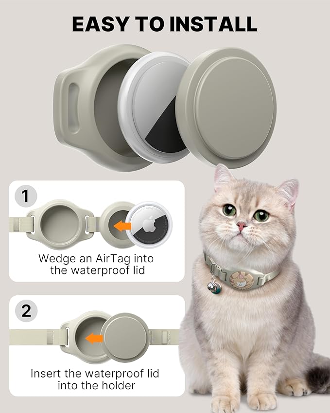Cat Collar with Airtag Holder, Breakaway Airtag Cat Collar for Apple Air Tag with Luminous & Reflective Pattern, Waterproof GPS Cat Tracker Collars for Boy Girl Cats Kittens with Bell, Khaki (8-12")