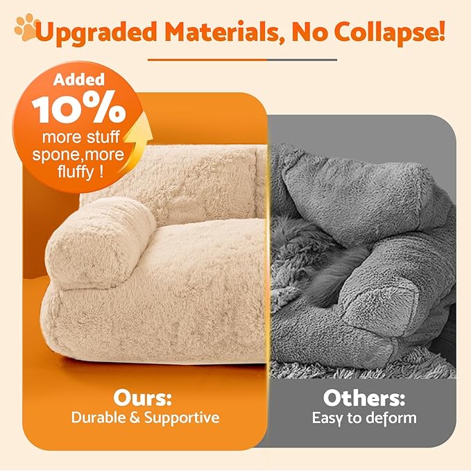Gimars Upgrade Large Cat Bed for Indoor Cats -Added 10% More Stuff Sponge, Orthopedic Pet Couch Beds with Bolstered Edges, Fluffy Washable & Removable Cover, Anti Slip Base,Teak Milk Color