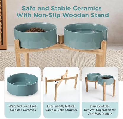 SPUNKYJUNKY Elevated Dog Bowls Ceramic, 8.3'' Dogs Food Water Bowls Raised with Non-Slip Bamboo Stand for Large Sized Breed Microwave Dishwasher Safe - 60 OZ,Dark Green