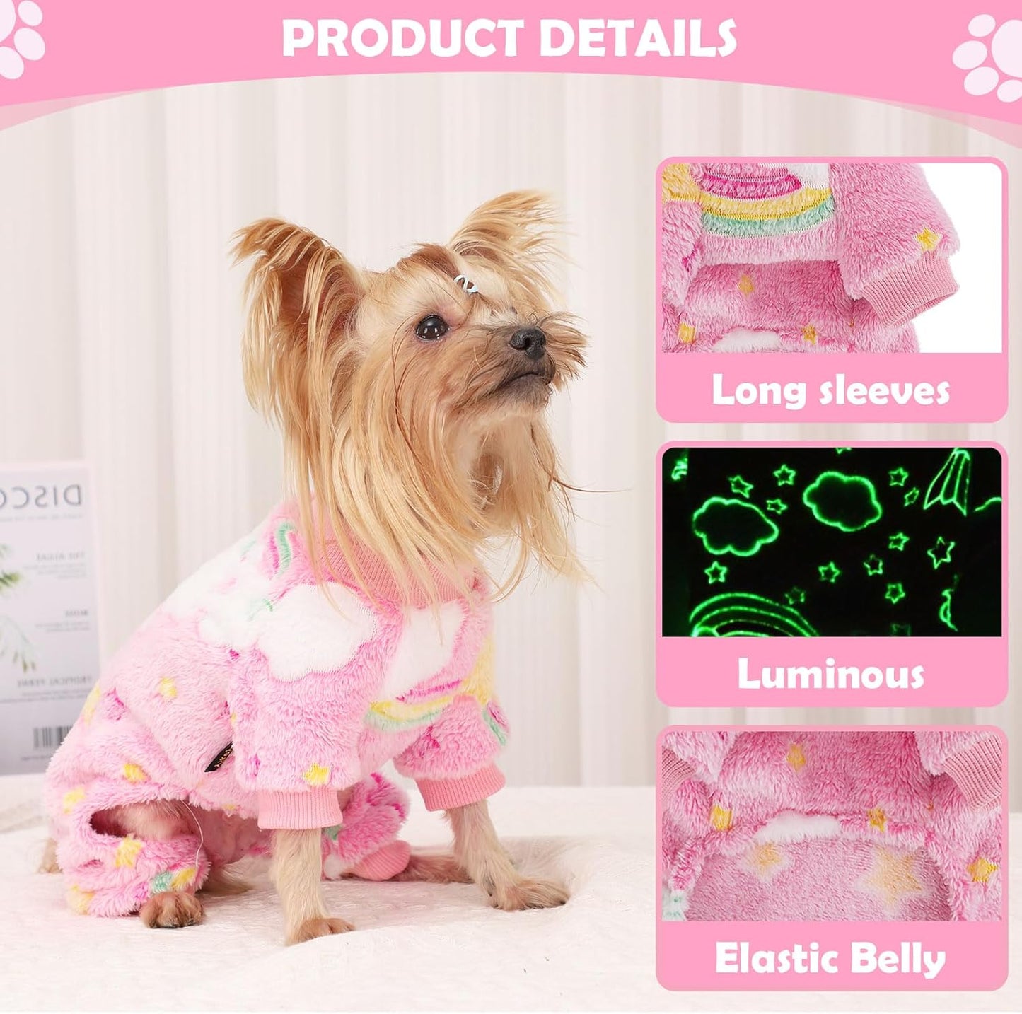 Dog Sweaters Small Girl Warm Fleece Pajamas, Cute Extra Small Dog Clothes, 4 Legs Puppy Jumpsuit Pjs Soft Stretchy Doggie Onesies Pet Outfit Apparel for Chihuahua Yorkie, Rainbow Pink, XXS
