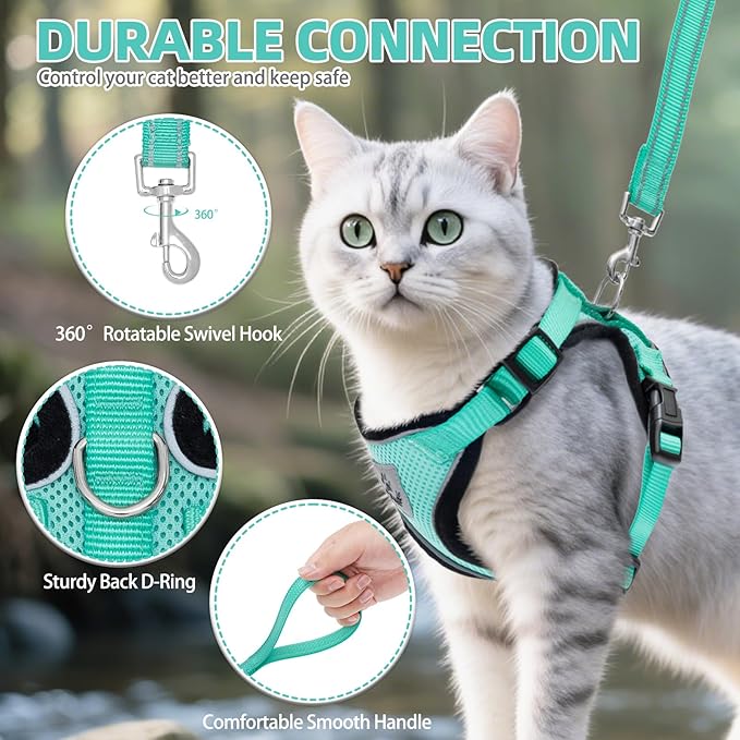PUPTECK Cat Harness and Leash Set Escape Proof Reflective Cat Walking Harness Adjustable Soft Breathable Mesh Vest for Small Pets, Aquamarine, L