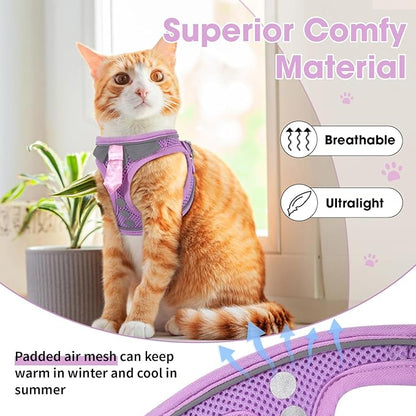 Cat Harness and Leash Set for Walking Escape Proof, Soft Adjustable Kitten Harness Breathable Mesh with Reflective Strips Harness for Kitty Puppy Bunny(Purple,S)
