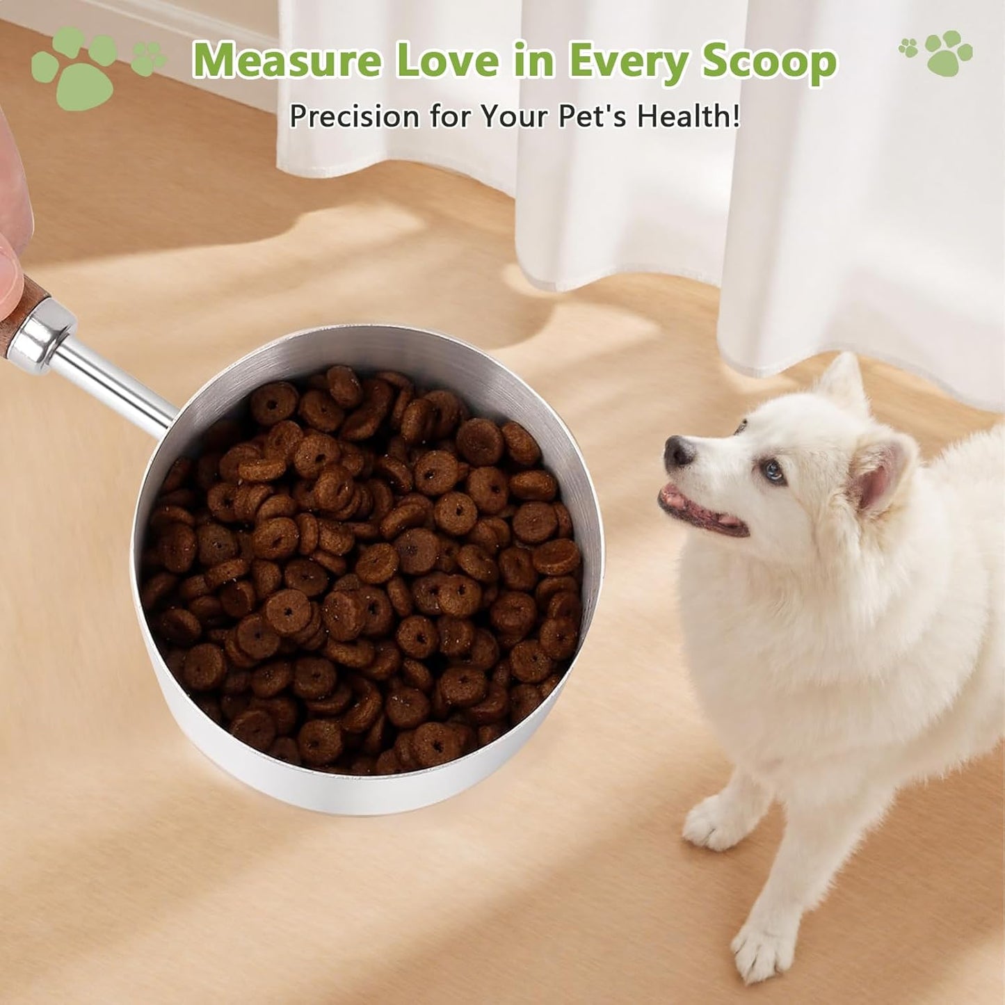 Dog-Cat Food Scoop 1 Cup, 304 Stainless Steel Measuring Cup with Long Wooden Handle, Pet Food Scoop for Rabbit, Easy to Clean Precise Scale