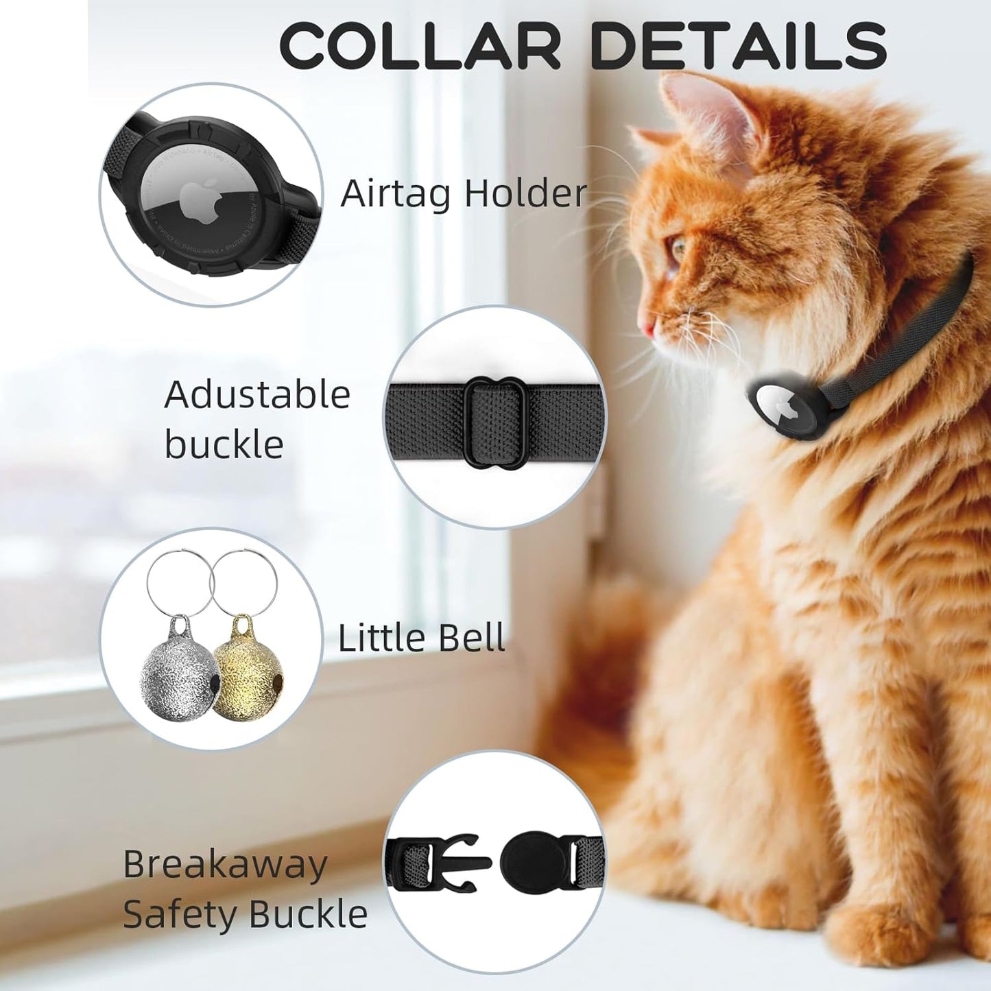AirTag Cat Collars, Stretchy Collar with Apple AirTag Holder and Bell, Breakaway Ultra Design Elastic GPS Tracking Collars for Cats and Puppies, (7.5-12.5 Inch), Black