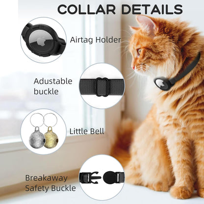 AirTag Cat Collars, Stretchy Collar with Apple AirTag Holder and Bell, Breakaway Ultra Design Elastic GPS Tracking Collars for Cats and Puppies, (7.5-12.5 Inch), Black