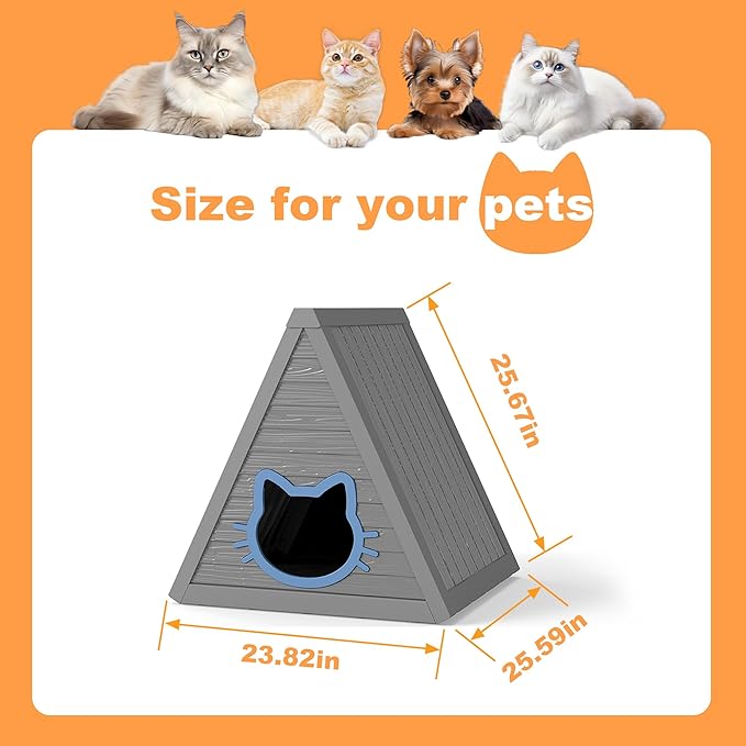 DRATO Cat House for Indoor Outdoor Cat Shelter Feral Cat Outside Easy to Install and Clean for Indoor, Balcony use (Gray, 23.82 * 25.59 * 25.67)