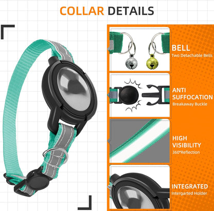 Airtag Cat Collar Breakaway, Odokele Reflective Cats Collars with Apple Air Tag Holder for Kitten, Cat GPS Tracker Adjustable Collars with Safety Quick Release Buckle for Kitties and Puppies - Teal