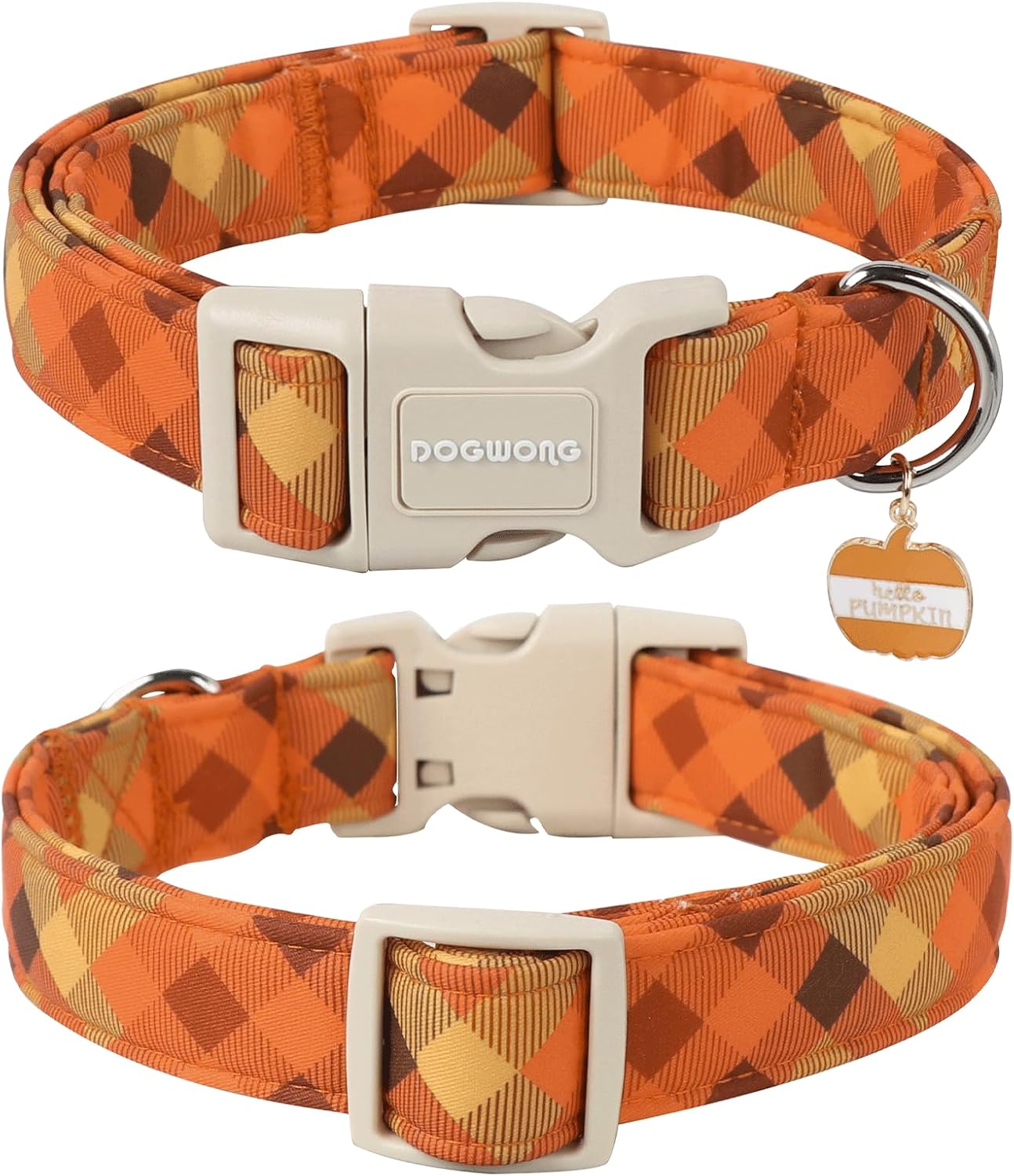 DOGWONG Fall Orange Plaid Dog Collar- Cute Designer Fall Autumn Thanksgiving Checkered Dog Collars Adjustable Halloween Dog Collar for Small Medium Large Dogs L