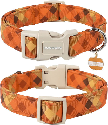 DOGWONG Fall Orange Plaid Dog Collar- Cute Designer Fall Autumn Thanksgiving Checkered Dog Collars Adjustable Halloween Dog Collar for Small Medium Large Dogs XS