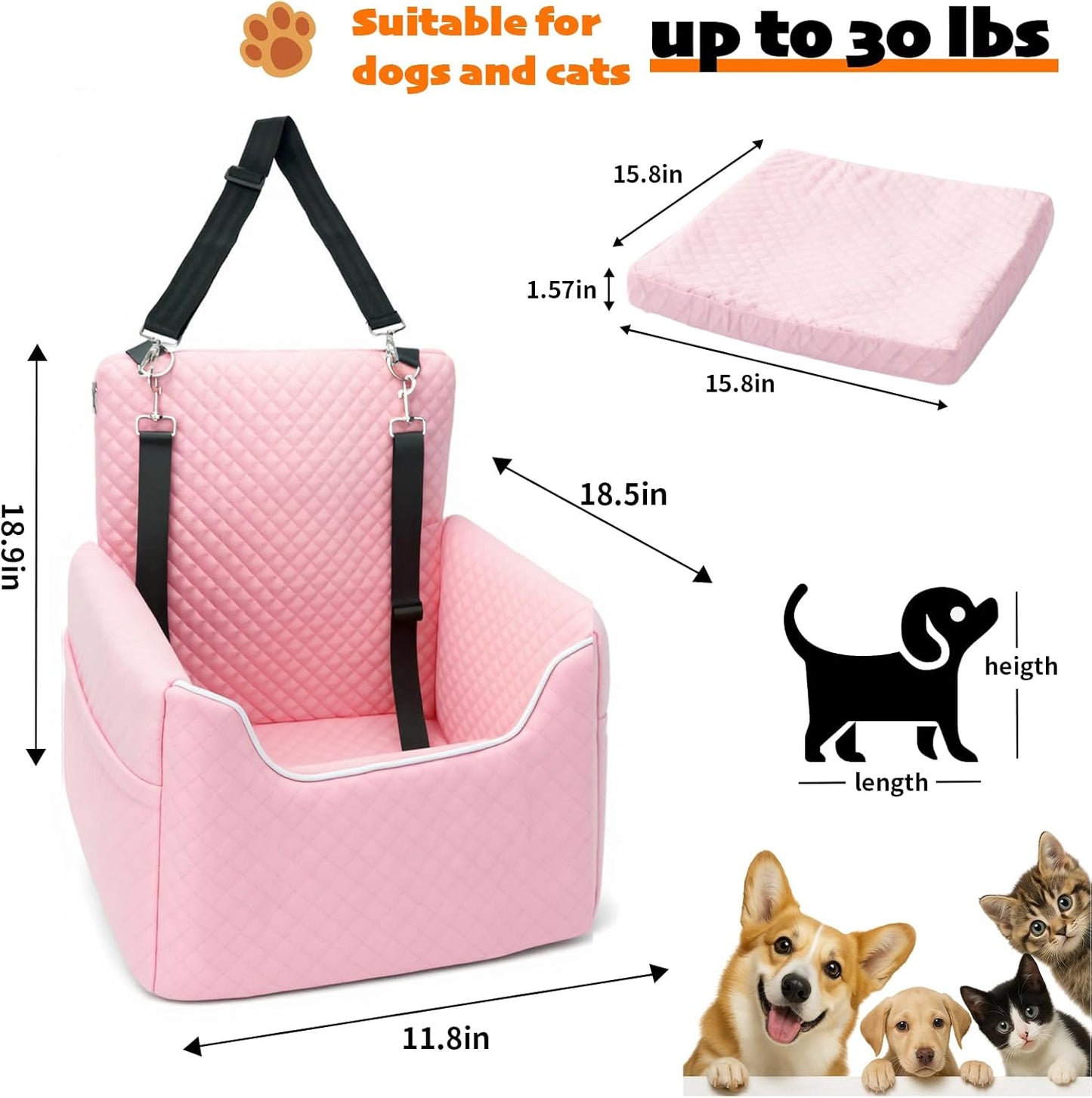 ALL GOOD PET SUPPLIES Dog Car Seat for Small/Medium Dogs, Dog Booster car seat, Memory Foam Elevated Cushion, Fully Detachable and Washable,2 Clip-On Safety Leashes, Anti-Slip