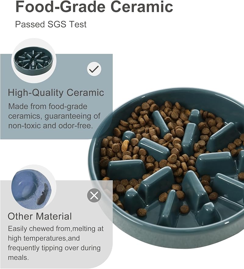 Ceramic Maze Dog Slow Feeder with Non-Slip Silicone Rim – Heavy-Duty Stoneware Bowl with Puzzle Pattern for Bloating & Obesity Prevention (Blue-S)