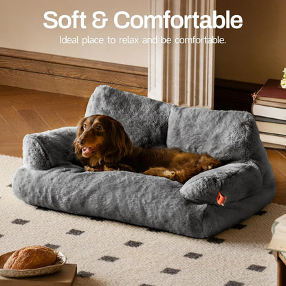 MEWOOFUN Dog Couch, Supportive Small Dog Bed for Puppy and Cats with Removable Washable Cover, Fluffy Cat Couch with Non-Slip Bottom (Dark Grey, 26.0" L X 19.0" W X 13.0" Th)