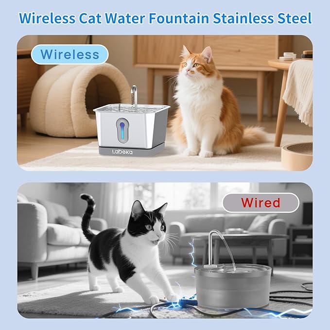 Stainless Steel Cat Water Fountain 135oz/4L:Battery Operated Wireless Cat Fountains for Drinking Indoor, Automatic Pet Water Dispenser with Ultra Quiet Pump,Multi-Filtration,Easy Clean BPA-Free