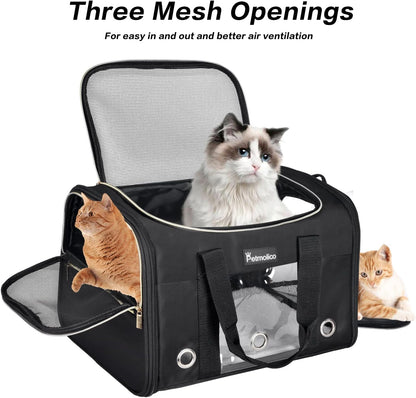 Petmolico Cat Carrier Soft-Sided Pet Bag for Small Medium Cats Puppies 16LBs - Airline Approved Pet Travel Carrier 3 Open Doors (Medium,Black)