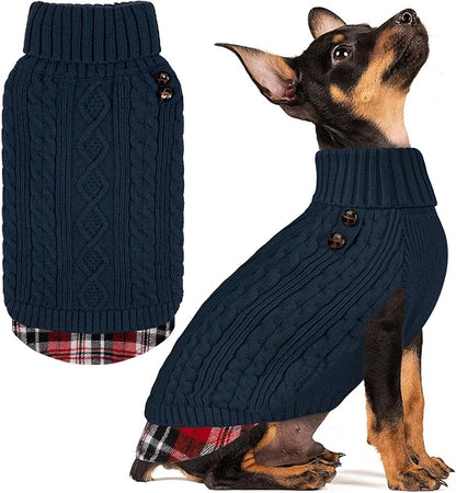 KYEESE Dog Sweater Small Dogs Sweater Stretchy Knitwear Cat Clothes Soft Pullover Warm Turtleneck Dog Sweaters for Small Dogs Male with Gingham Patchwork Thick Pet Coat for Fall Winter Cold Weather