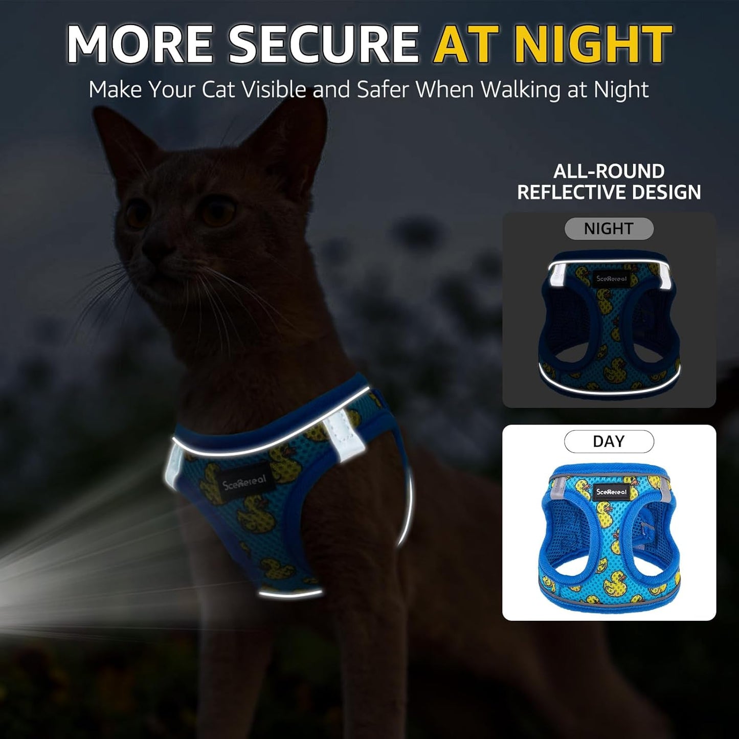 SCENEREAL Cat Harness & Leash Set Escape Proof - Adjustable Air Mesh Vest with Reflective Strips for Kittens, Puppies, Rabbits, Duck M