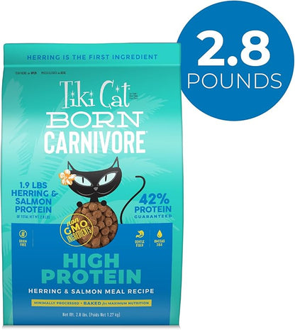 Tiki Cat Born Carnivore High Protein Dry Cat Food, Herring & Salmon Meal, 2.8 lbs. Bag