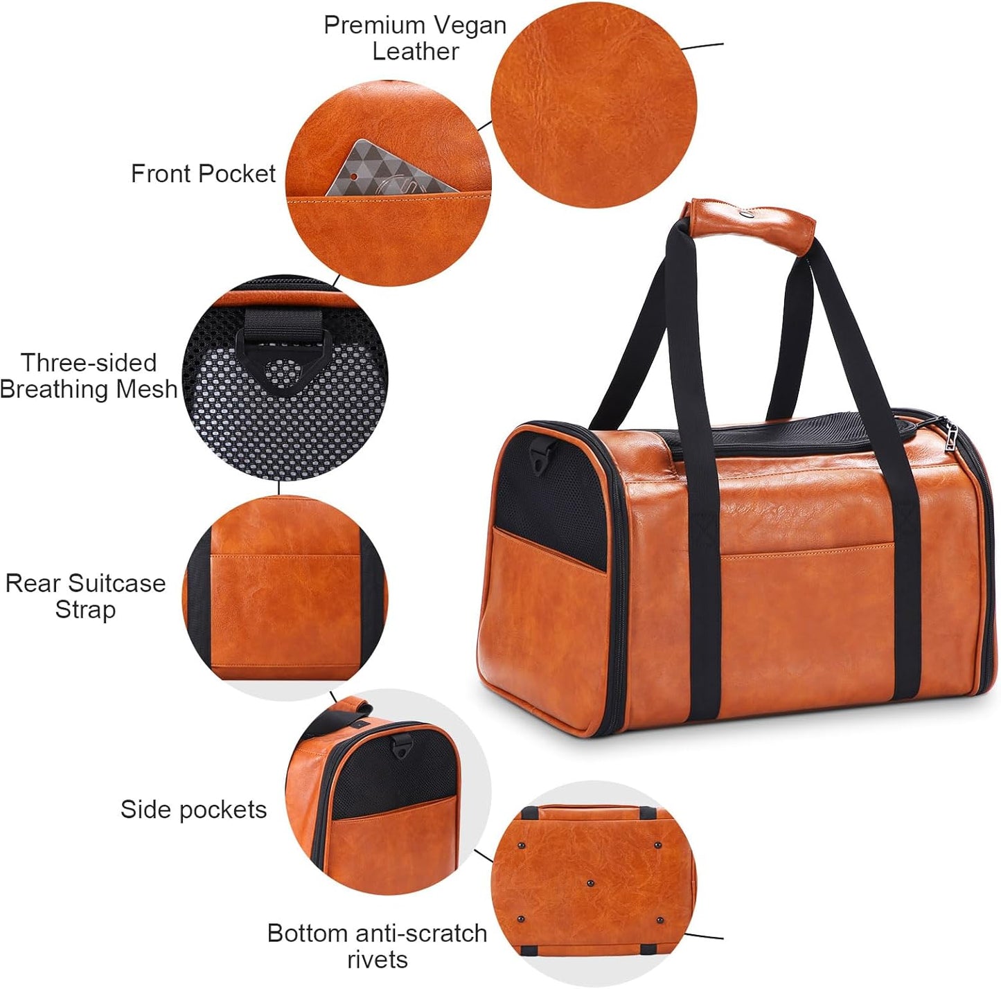 Fashion Leather Dog Carrier Cat Carrier Airline Approved Pet Carrier for Small Medium Dogs Cats Under 15Lbs, Collapsible Soft Sided Travel Puppy Carrier Brown