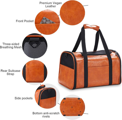 Fashion Leather Dog Carrier Cat Carrier Airline Approved Pet Carrier for Small Medium Dogs Cats Under 15Lbs, Collapsible Soft Sided Travel Puppy Carrier Brown