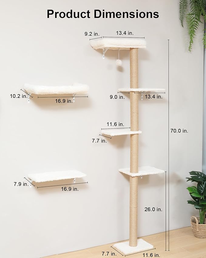 FUKUMARU Cat Wall Shelves, Stable Wall Mounted Cats Furniture Set, Kitten Scratching Post with Soft Cushion Perch, Space Saving Climbing Wall for 16 Inch Drywall - Beige