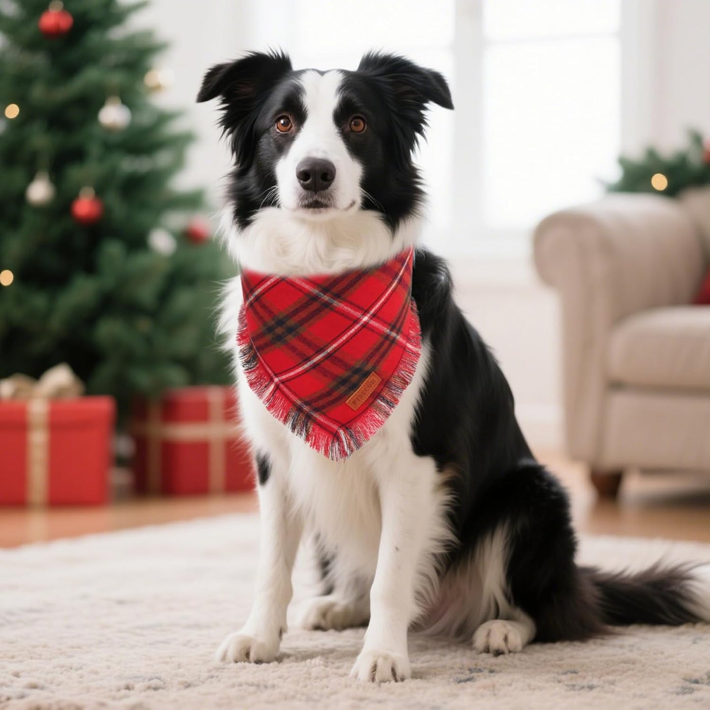 PTDECOR Christmas Dog Bandanas with Tassels Edges, Stylish Red Green Plaid Scarf Bib, Multiple Size, Reversible Triangle Christmas Bandanas for Medium Large Dogs Pets (Large)