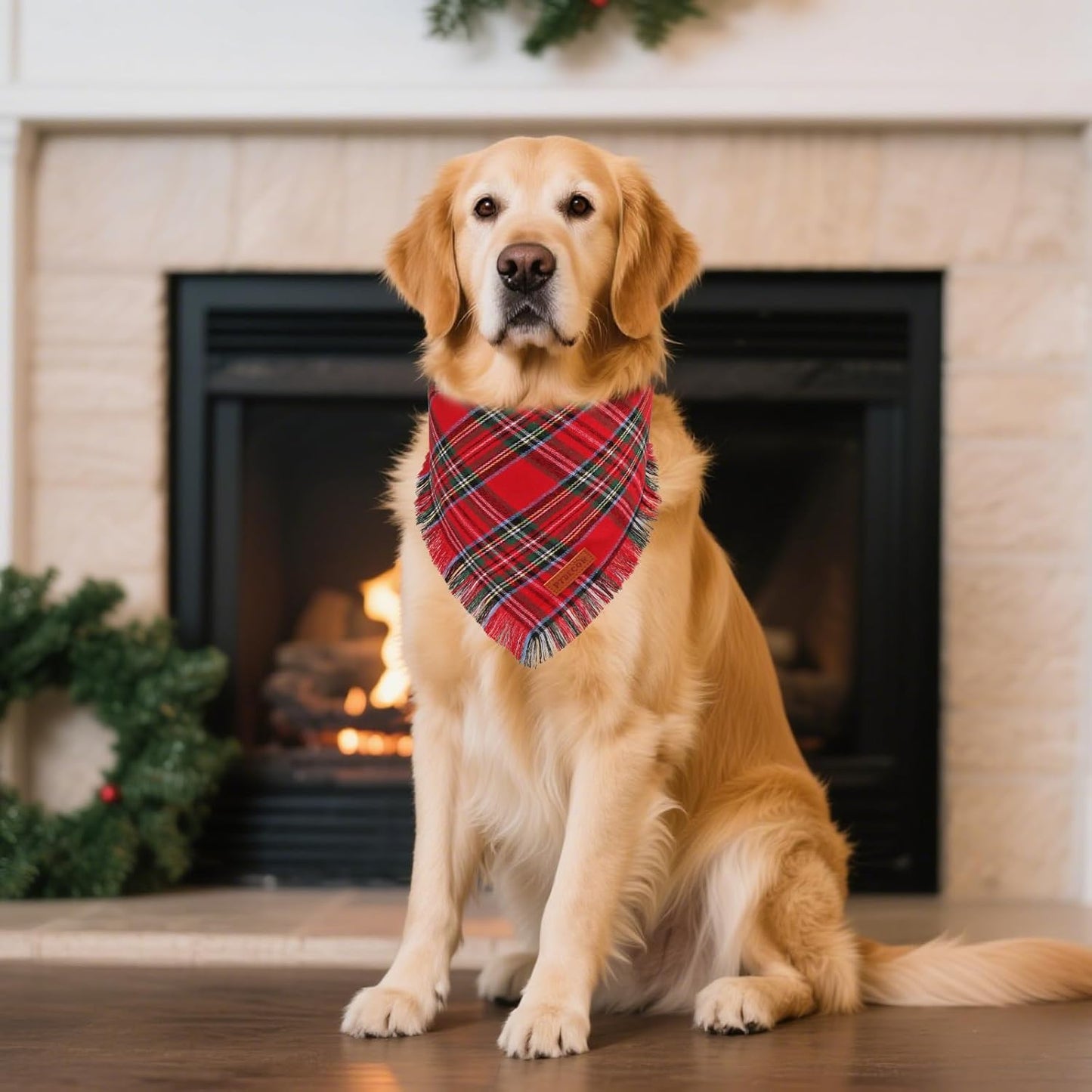 PTDECOR Christmas Dog Bandanas with Tassels Edges, Stylish Red White Plaid Scarf Bib, Premium Cotton Fabric, Reversible Triangle Xmas Bandanas for Extra Large Dogs (X-Large)