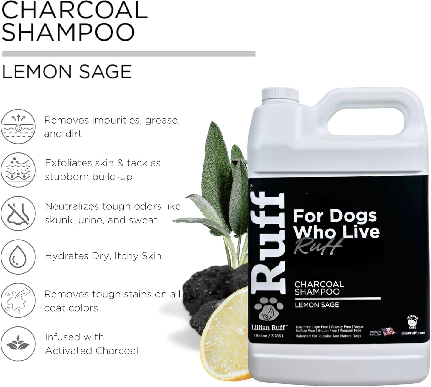 Ruff by Lillian Ruff Activated Charcoal Pet Shampoo – Lemon Sage – Deep Cleanser, Deodorizer & Stain Remover – Hydrates Dry Itchy Skin – Puppy & Dog Safe – USA Made (Gallon Pump)