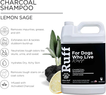 Ruff by Lillian Ruff Activated Charcoal Pet Shampoo – Lemon Sage – Deep Cleanser, Deodorizer & Stain Remover – Hydrates Dry Itchy Skin – Puppy & Dog Safe – USA Made (Gallon Pump)
