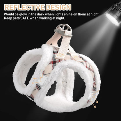 GAMUDA Small Dog Harness Collar and Leash Set, Step in No Chock No Pull Soft Mesh Adjustable Dog Vest Harnesses Plaid Reflective for Dogs Puppy Cats Kitten Rabbit (Warm Beige, S)