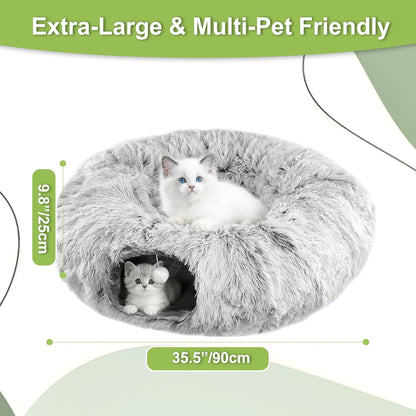 Eonflux Cat Tunnel Bed for Indoor Cats, Large Plush Donut Hideaway Cave with Detachable Washable Cushion - cat Tunnel Bed, Round cat Tunnel,Peekaboo Play Toy for Kittens, Rabbit, Ferret (Grey)