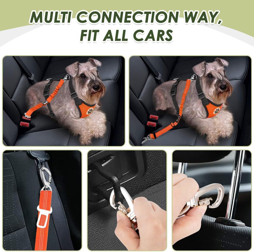 Lukovee Dog Seat Belt for Car, Adjustable Dog Car Harness for Large Medium Small Dogs, Soft Padded & Breathable Mesh Dog Seatbelt with Car Vehicle Connector Strap (Orange Double Clip,Medium)