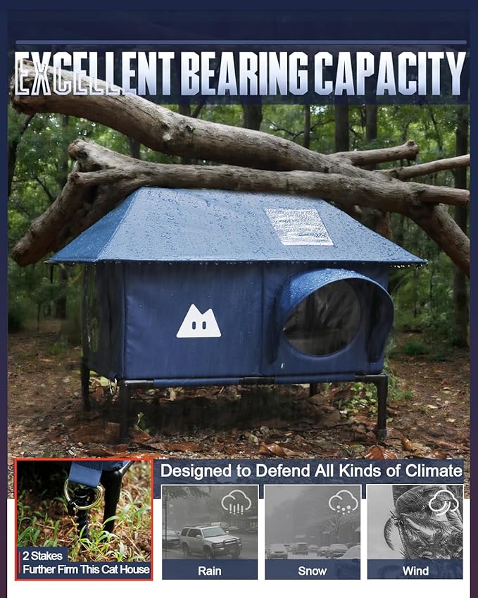 Heated Outdoor Cat House for Outside Cat in Winter,Upgraded 100% Weatherproof,Spacious Interior,2 Doors,Name Pocket,Heavy-Duty Insulated Feral Cat Shelter for Stray Barn Kitten(Blue,28"x16"x14.5")