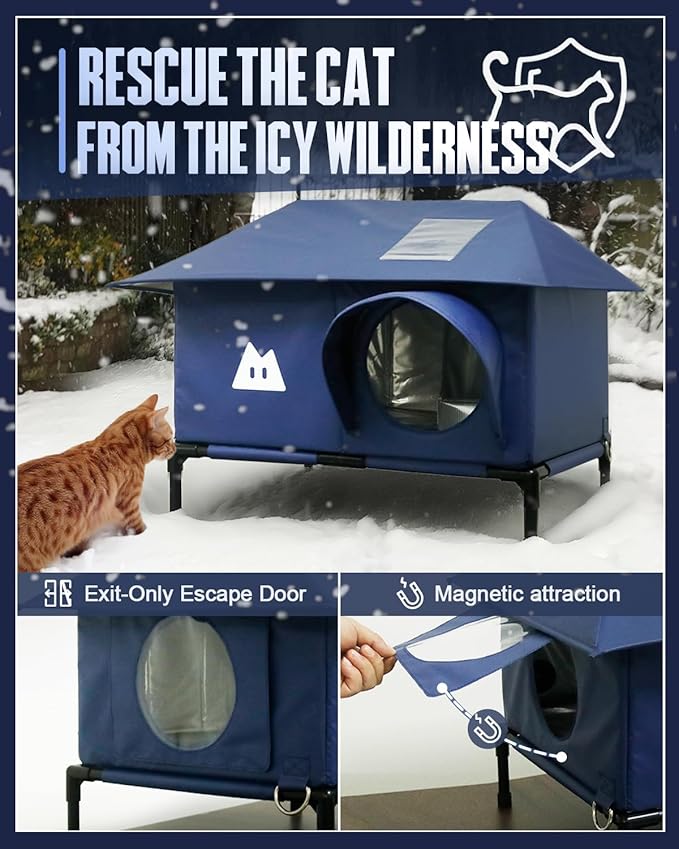 Heated Outdoor Cat House for Outside Cat in Winter,Upgraded 100% Weatherproof,Spacious Interior,2 Doors,Name Pocket,Heavy-Duty Insulated Feral Cat Shelter for Stray Barn Kitten(Blue,18"x13"x14.5")