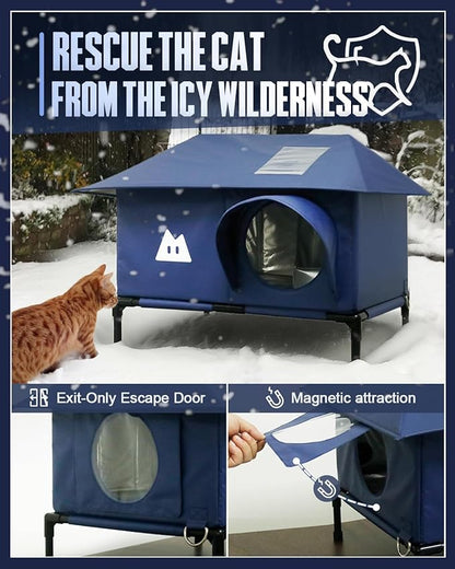 Heated Outdoor Cat House for Outside Cat in Winter,Upgraded 100% Weatherproof,Spacious Interior,2 Doors,Name Pocket,Heavy-Duty Insulated Feral Cat Shelter for Stray Barn Kitten(Blue,18"x13"x14.5")