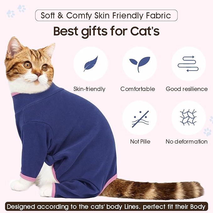 DENTRUN Cat Clothes for Hair Control with Hair Sticky Fabric - Soft Recovery Suit & Breathable Lint-Resistant Cat Sweater for Cats Only, Kitten Onesie Pajamas, XS, Blue