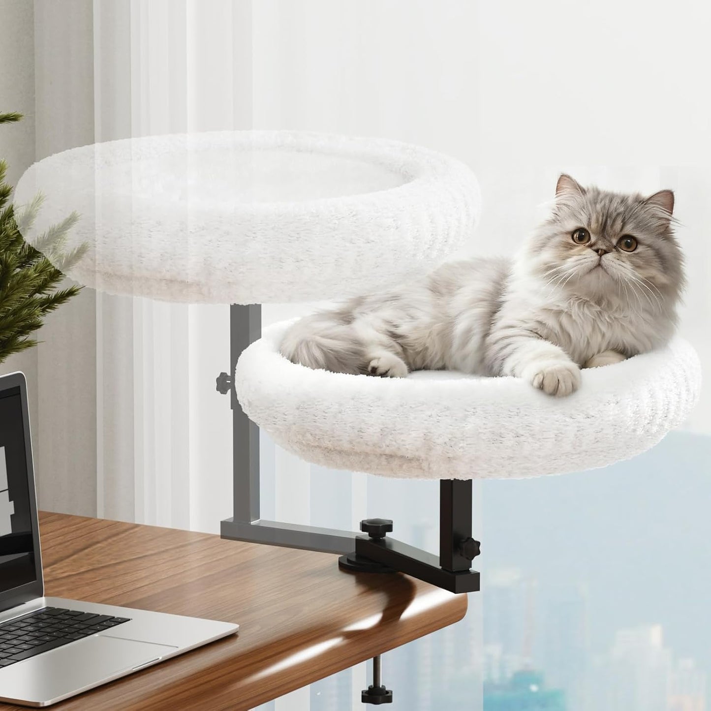 Adjustable Cat Desk Bed, 360° Rotatable Elevated Desk Cat Bed for Home Office, Space-Saving Design Table Supports Up to 60 lbs, Soft Faux Fur Bed with Removable Washable Cover (Beige)