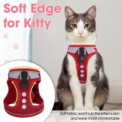 Cat Harness and Leash Set for Walking Escape Proof, Soft Adjustable Kitten Harness Breathable Mesh with Reflective Strips Harness for Kitty Puppy Bunny(Red,S)