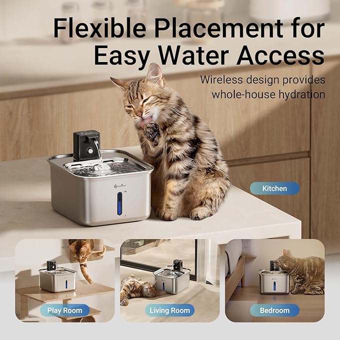DownyPaws Cat Water Fountain Stainless Steel Wireless, 101 oz/3L FurSink Cordless Cat Water Dispenser for Pets, Battery Operated Dog Drinking Fountain with Motion Sensor, Easy Clean, Metal